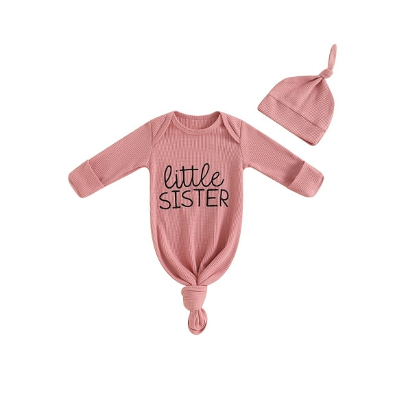 Newborn Baby Boy Girl Little Brother/Sister Outfits Waffle Knotted Sleep Gown Nightgown Set Fall Winter Pajamas and Hat