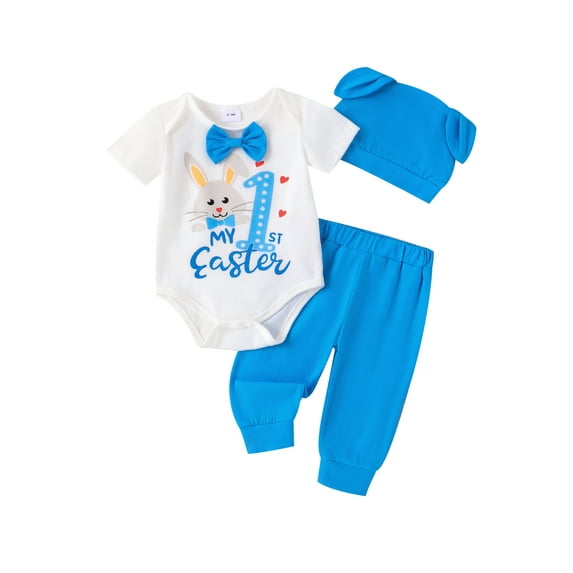 Newborn Baby Boy Girl My First Easter Outfit Long Sleeve Romper + Pants+ Cartoon Ear Hat 3Pcs Clothes Set