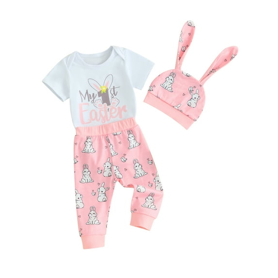 Newborn Baby Boy Girl My First Easter Outfit Long Sleeve Romper + Pants+ Cartoon Ear Hat 3Pcs Clothes Set