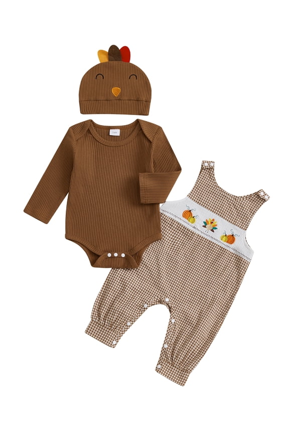 Newborn Baby Boy Girl My First Halloween Thanksgiving Outfit Long Sleeve Turkey Pumpkin Romper Suspender Pants Hat Fall Winter Clothes