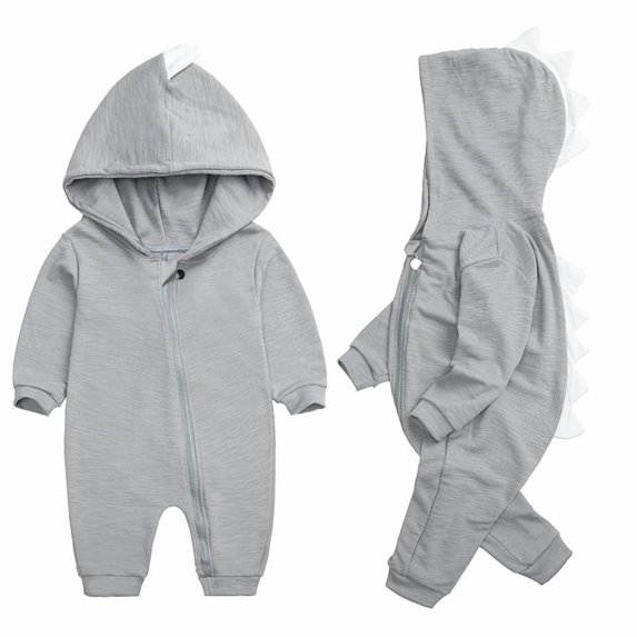 Newborn Baby Boy Girl Onesie Cute Dinosaur Long-Sleeved Zipper Hooded Jumpsuit for 3M-12M