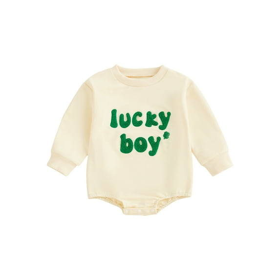 Newborn Baby Boy Girl St Patrick's Day Outfit Fuzzy Clover Embroidery Long Sleeve Bubble Romper Sweatshirt One Piece Bodysuit