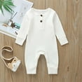 thumbnail image 1 of Newborn Baby Boy Girls Cotton One-Piece Rompers with Cute Ears Rib Long Sleeve Button-up Jumpsuits Toddler Infant Fall Winter Outfit Comfortable Solid Color Spring Clothes White qILAKOG 6-9 Months, 1 of 6