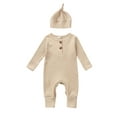 thumbnail image 1 of Newborn Baby Boy Girls Solid Color Jumpsuit Ribbed Long Sleeve Romper with Hat for Infant Toddler Fall Clothes 2Pcs Set, 1 of 7