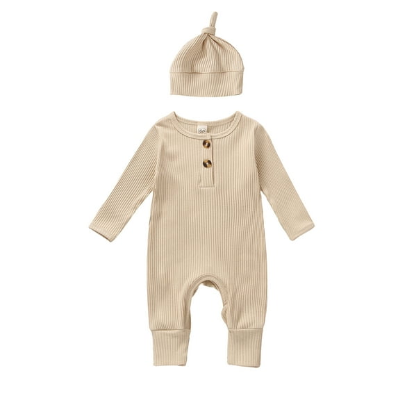 Newborn Baby Boy Girls Solid Color Jumpsuit Ribbed Long Sleeve Romper with Hat for Infant Toddler Fall Clothes 2Pcs Set