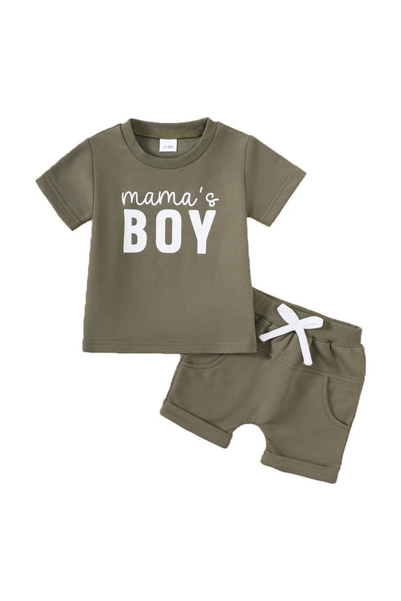 Newborn Baby Boy Green "Mama's Boy" Letter Short Sleeved+Shorts Cotton Hoodie Set 2PCs for Four Seasons Infant Outfits
