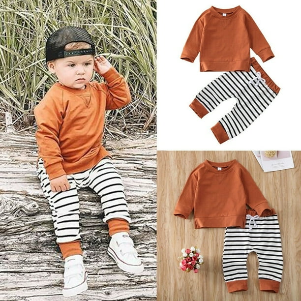 Newborn Baby Boy Long Sleeve Pullover TShirt Striped Pants 2Pcs Fall