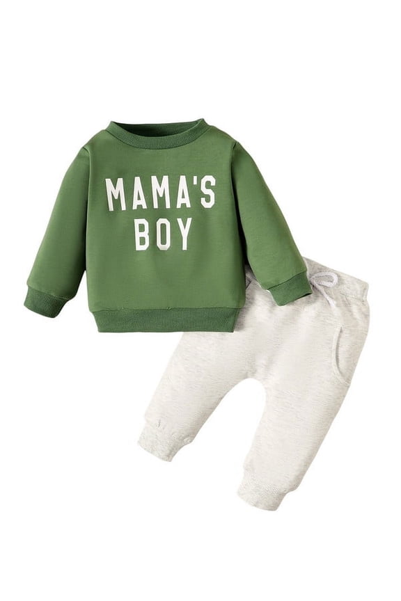 Newborn Baby Boy "Mama's Boy" Letter Printed Green Long Sleeved Top and Gray Pants Set 2PCs Fall Winter Infant Outfits