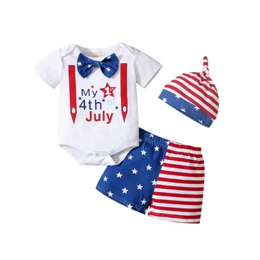 Newborn Baby Boy My 1st 4th of July Outfits Short Sleeve Bowtie Romper+Flag Shorts+Hat 3Pcs Clothes Set