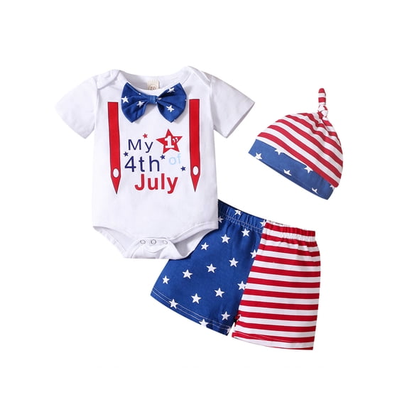 Newborn Baby Boy My 1st 4th of July Outfits Short Sleeve Bowtie Romper+Flag Shorts+Hat 3Pcs Clothes Set