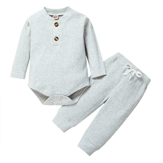 Newborn Baby Boy Outfits Long Sleeve Solid Color Ribbed Knitted Romper Pants 2Pcs Gender Neutral Baby Clothes Children's Solid Color Long Sleeved Triangular Jumpsuit Elastic Long Pants Two-piece Set
