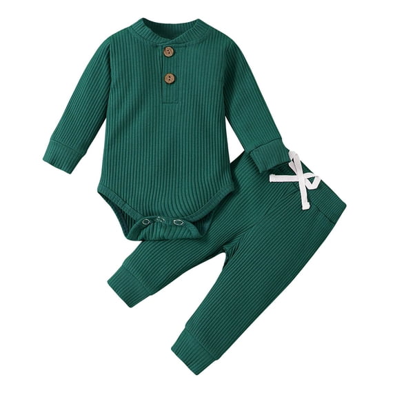 Newborn Baby Boy Outfits Long Sleeve Solid Color Ribbed Knitted Romper Pants 2Pcs Gender Neutral Baby Clothes Triangular Jumpsuit Elastic Long Pants Two-piece Set on Clearance