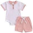 thumbnail image 1 of Newborn Baby Boy Summer Clothes Button Short Sleeve Romper Bodysuit Shorts Set Infant Soft Waffle Outfit Boys' Clothing Sets, 1 of 8