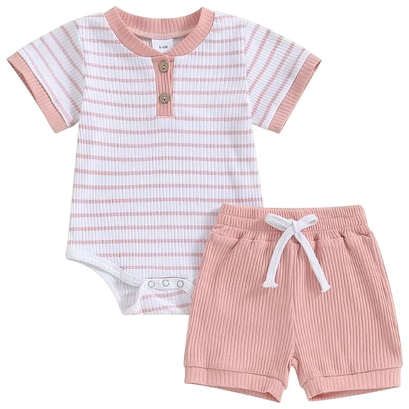 Newborn Baby Boy Summer Clothes Button Short Sleeve Romper Bodysuit Shorts Set Infant Soft Waffle Outfit Boys' Clothing Sets