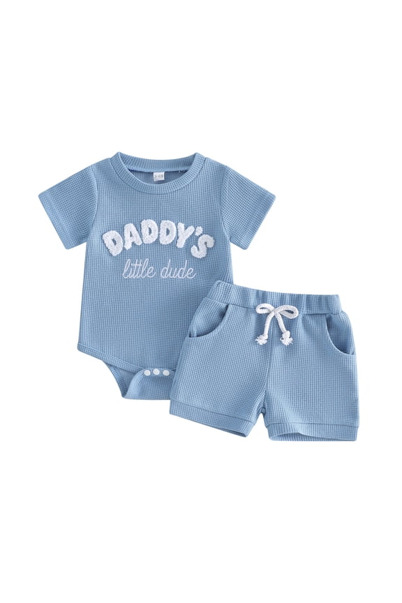Newborn Baby Boy Summer Outfit Set 3 6 9 12 18 Months Little Dude Embroidery Romper Jumpsuits Shorts Cute Infant Waffle Clothes