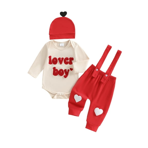 Newborn Baby Boy Valentines Day Outfit Letter Heart Embroidery Long Sleeve Romper Suspender Pants Hat 0 3 6 9 12 18 Months Valentines Clothes