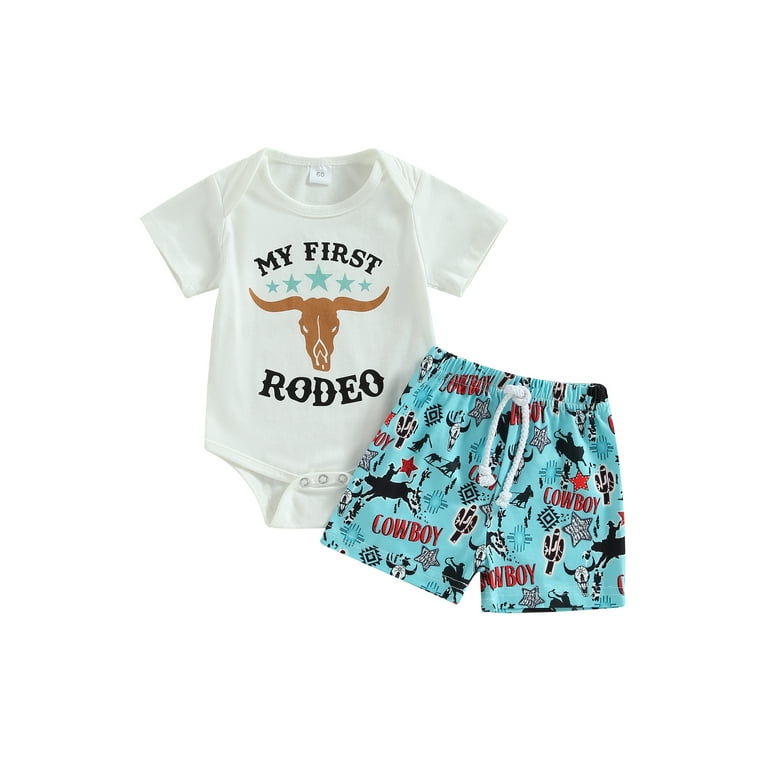 Newborn Baby Boy Western Summer Outfit My First Rodeo Short Sleeve Romper Cow Print Shorts 2Pcs Cowboy Clothes Set
