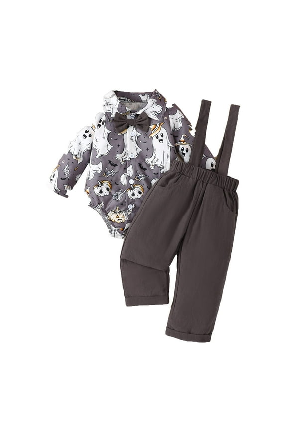 Newborn Baby Boys 1st Halloween Outfit Gentleman Pumpkin Shirt with Bowtie +Long Suspender Pants Overalls Clothes