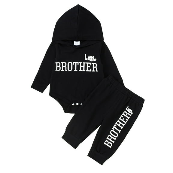 Newborn Baby Boys Clothes 3 Months Boys 2PCS Hoodie Romper Outfits Set Letter Print Newborn Boys Long Sleeve Top Pants Set Black