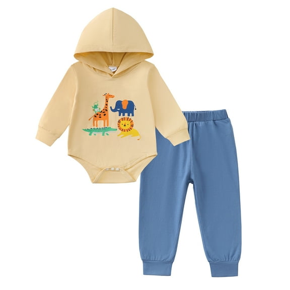Newborn Baby Boys Clothes 3 Months Boys 2PCS Outfits Set Animals Print Newborn Boys Long Sleeve Hoodie Top Pants Set Apricot