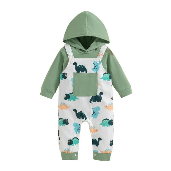 Newborn Baby Boys Clothes 3 Months Boys 2PCS Outfits Set Dinosaur Print Newborn Boys Long Sleeve Hoodie Top Overalls Pants Set Green