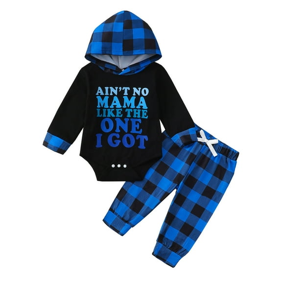 Newborn Baby Boys Clothes 3 Months Boys 2PCS Romper Outfits Set Letter Print Newborn Boys Long Sleeve Hoodie Top Pants Set Blue