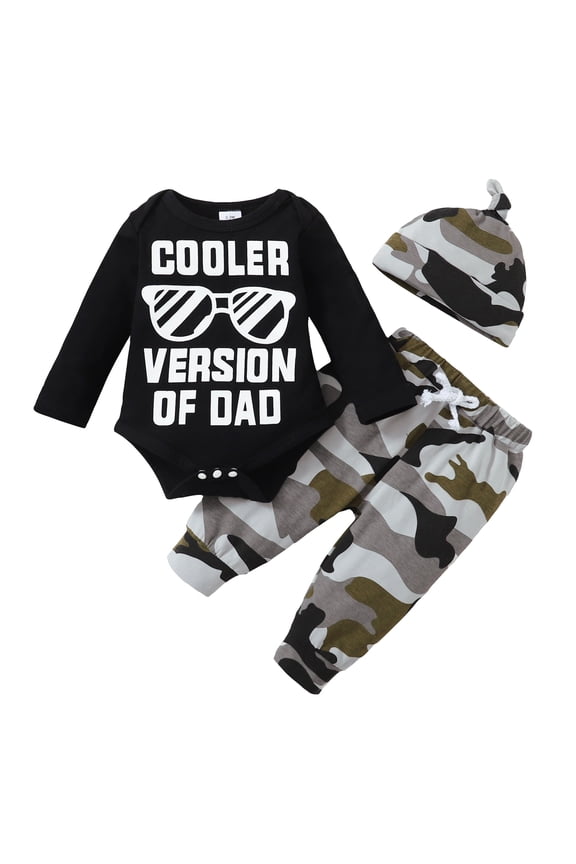 Newborn Baby Boys Clothes 3 Months Boys 3PCS Outfits Set Letter Glasses Print Newborn Boys Long Sleeve Top Camo Pants Set with Hat Black
