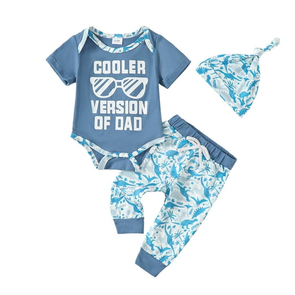 Newborn Baby Boys Clothes 3 Months Boys 3PCS Outfits Set Letter Glasses Print Newborn Boys Short Sleeve Top Pants Set with Hat Blue