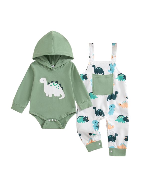 Newborn Baby Boys Clothes 3 Months Boys Pant Set Newborn Boys Long Sleeve Dinosaur Print Hooded Romper Top Overall Pants 2PCS Outfits Set Green