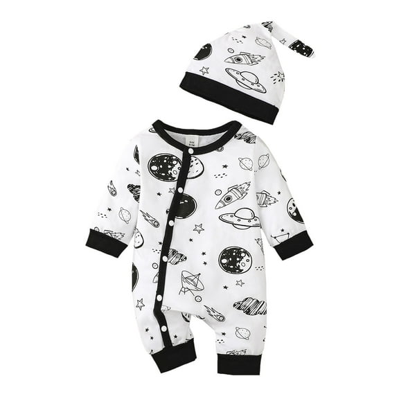 Newborn Baby Boys Clothes Baby Boys One-piece Romper Bodysuit Newborn Boys Long Sleeve Round Neckline Romper Hat 2PCS Set White 6-9 Months