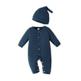 thumbnail image 1 of Newborn Baby Boys Clothes Baby Boys One-piece Romper Bodysuit Newborn Boys Long Sleeve Round Neckline Solid Color Romper Hat 2PCS Set Blue 0-1 Months, 1 of 8