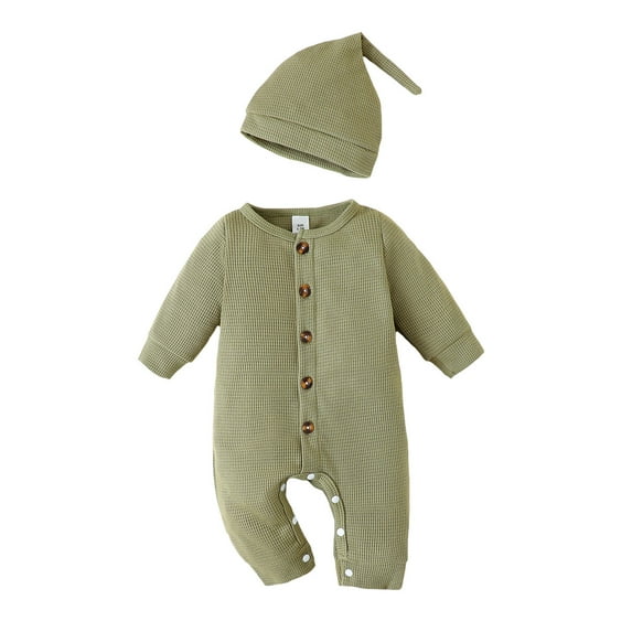 Newborn Baby Boys Clothes Baby Boys One-piece Romper Bodysuit Newborn Boys Long Sleeve Round Neckline Solid Color Romper Hat 2PCS Set Green 1-3 Months