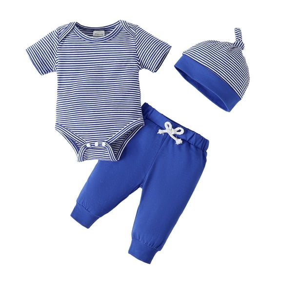 Newborn Baby Boys Clothes Newborn Boys 3PCS Outfits Set Newborn Boys Short Sleeve Top Pants Set with Hat Blue