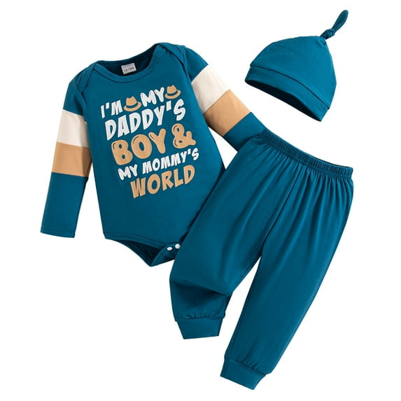 Newborn Baby Boys Clothes Newborn Boys 3PCS Romper Outfits Set Letter Print Newborn Boys Long Sleeve Top Pants Set with Hat Blue
