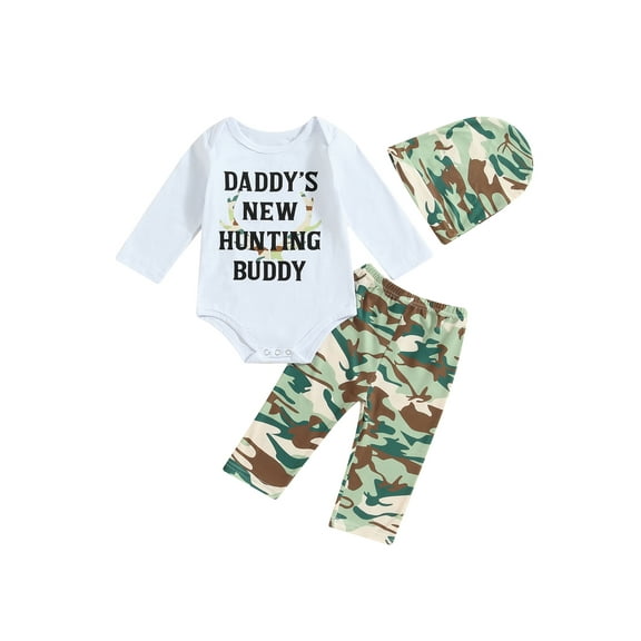 Newborn Baby Boys Fall Clothes Long Sleeve Daddy's New Hunting Buddy Print Romper Camouflage Pants Hat 3 Pcs Outfits