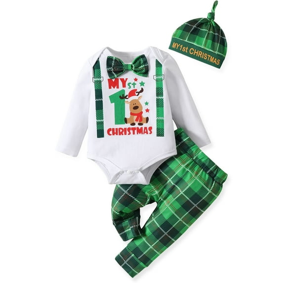 Newborn Baby Boys First Christmas Outfit Infant Deer Gentleman Bodysuit Plaid Pants Hat Set, Green