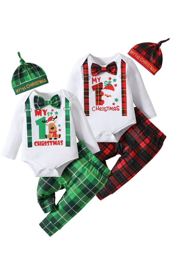 Newborn Baby Boys First Christmas Outfit Infant Santa Gentleman Bodysuit Plaid Pants Hat Set, Red