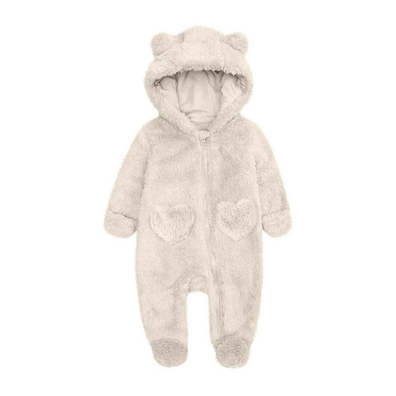 Newborn Baby Boys Girls Bear Outfit Winter Hooded Romper Teddy Fleece Thermal Snowsuit Long Sleeve Cute Onsies Warm Footie One Piece Outerwear Winter Jumpsuit Coat Beige 3-6 Months