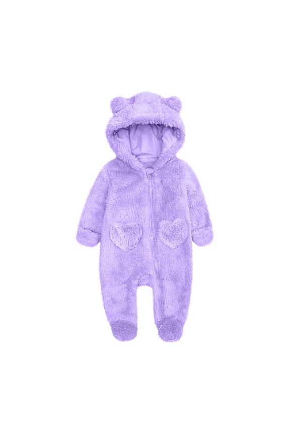Newborn Baby Boys Girls Bear Outfit Winter Hooded Romper Teddy Fleece Thermal Snowsuit Long Sleeve Cute Onsies Warm Footie One Piece Outerwear Winter Jumpsuit Coat Purple 0-3 Months