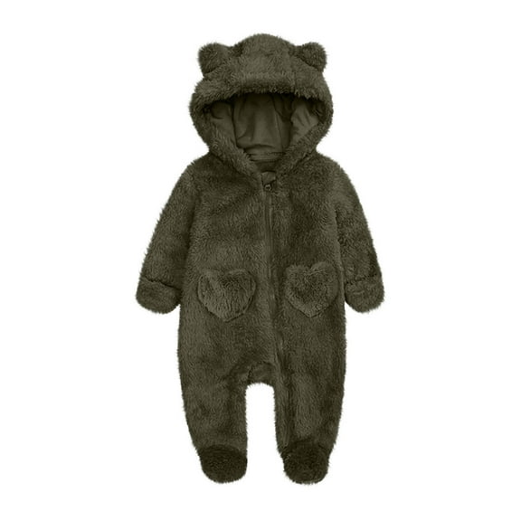 Newborn Baby Boys Girls Bear Outfit Winter Hooded Romper Teddy Fleece Thermal Snowsuit Long Sleeve Cute Onsies Warm Footie One Piece Outerwear Winter Jumpsuit Coat Army Green 0-3 Months