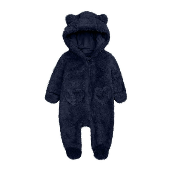 Newborn Baby Boys Girls Bear Outfit Winter Hooded Romper Teddy Fleece Thermal Snowsuit Long Sleeve Cute Onsies Warm Footie One Piece Outerwear Winter Jumpsuit Coat Dark Blue 3-6 Months
