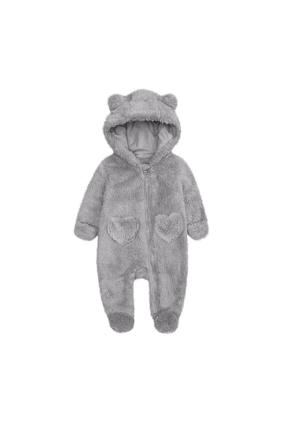 Newborn Baby Boys Girls Bear Outfit Winter Hooded Romper Teddy Fleece Thermal Snowsuit Long Sleeve Cute Onsies Warm Footie One Piece Outerwear Winter Jumpsuit Coat Gray 0-3 Months