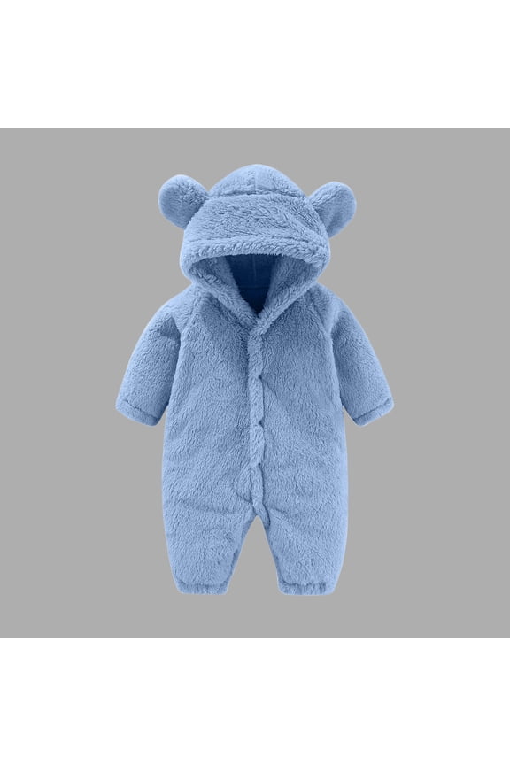 Newborn Baby Boys Girls Bear Outfit Winter Hooded Romper Teddy Fleece Thermal Snowsuit Long Sleeve Cute Onsies Warm Footie One Piece Outerwear Winter Jumpsuit Coat Blue 3-6 Months