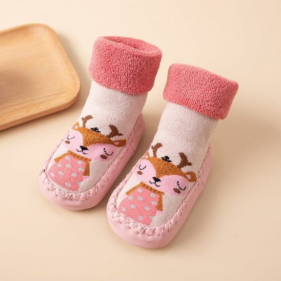 Newborn Baby Boys Girls Cartoon Cute Warm Floor Socks Anti-Slip Baby Step Socks with Shoe Bottom Pink Size 13