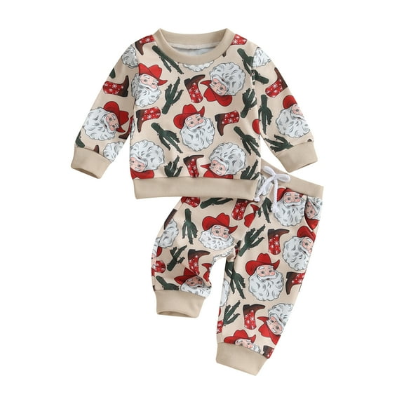 Newborn Baby Boys Girls Christmas Outfits 3M 6M 12M 18M 24M 3Y Santa Claus Print Sweatshirt and Pants Tracksuit Outfit Set
