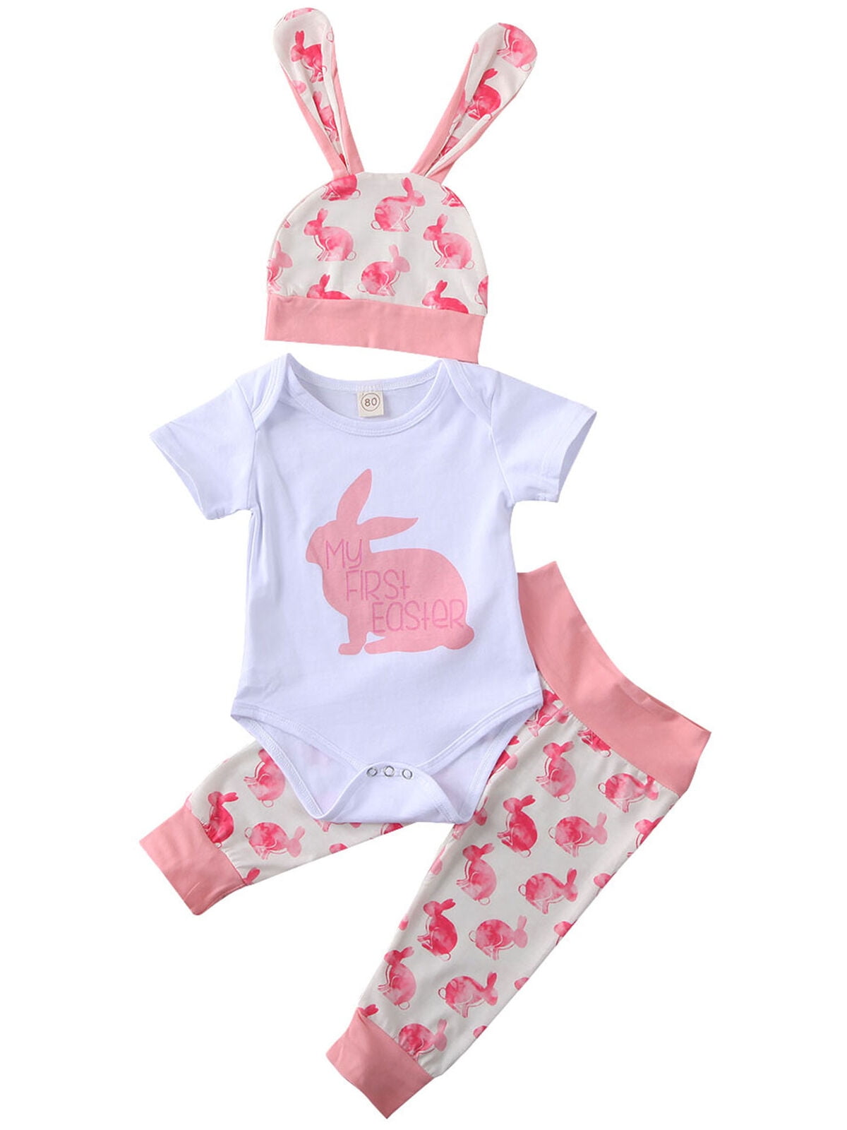 Newborn Baby Boys Girls Easter Outfits My 1St Easter Letter Short Sleeve Romper+Rabbit Long