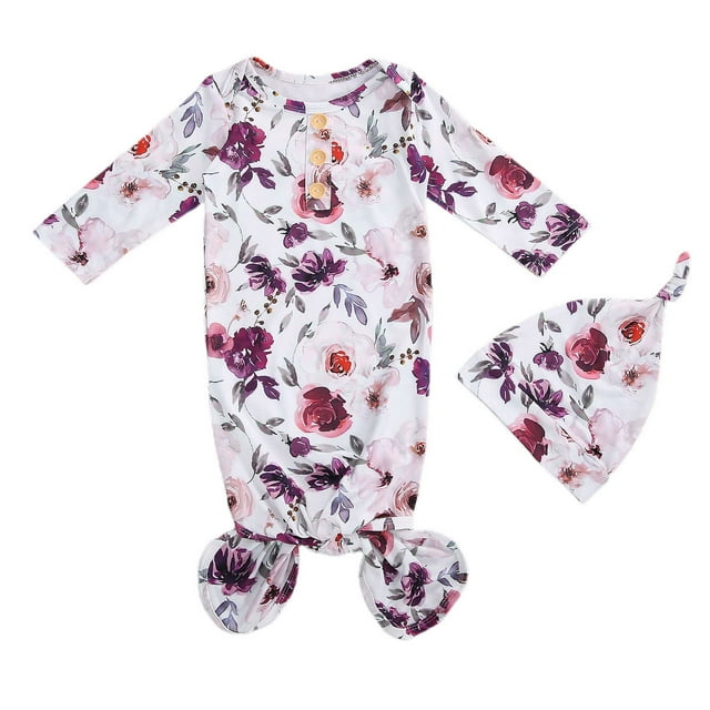 Newborn Baby Boys Girls Floral Sleep Gown Headband Sleepwear Romper