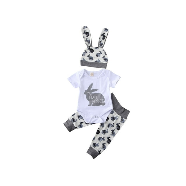 Newborn Baby Boys Girls My 1St Easter Romper+Rabbit Long Pants+Hat