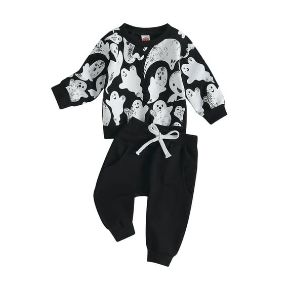 Newborn Baby Boys Halloween Outfits Long Sleeve Ghost Print Tops and Drawstring Pants Set Toddler 2Pcs Fall Clothes