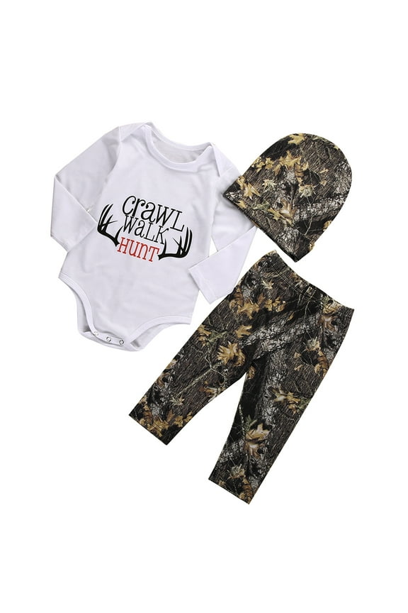 Newborn Baby Boys Long Sleeve Letters Deer Romper Bodysuit Camo Pants with Hat Outfit Clothes 3PCS
